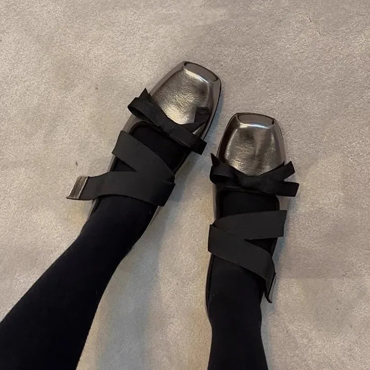 LBSFY  -  Square Bow Ballet Shoes for Women New Style with Thick Heel for Slimming Effect Cross Strap Flat Bottom, Mary Jane Single Shoes