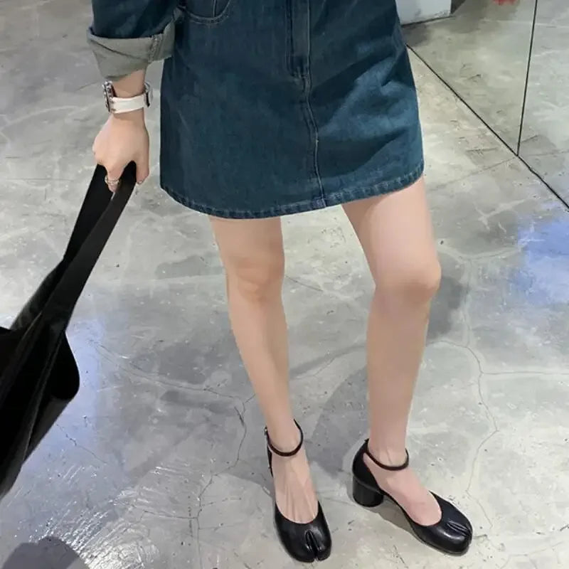 LBSFY -Fashion Tabi Ninja Shoes WomenRound Split Toe Shallow Thick Heel Sandals Single Mid Heel Mary Janes Shoes Female Pumps