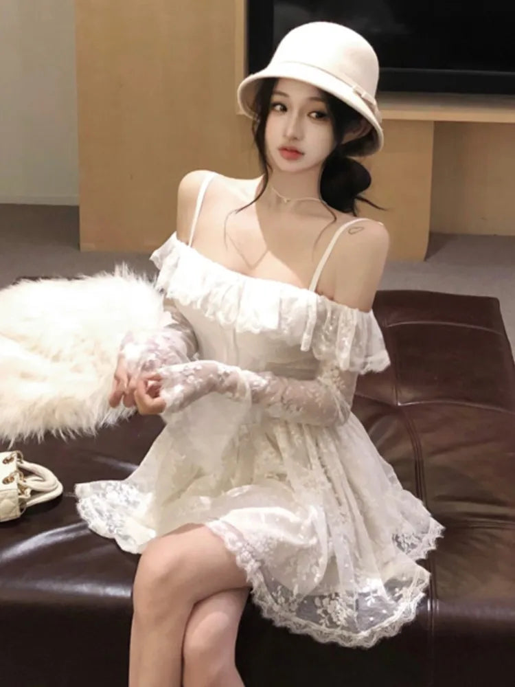 LBSFY -Sexy Lace Mini Dress for Women Sweet Slash Neck Spaghetti Strap Flare Long Sleeves Ruffle Slim Party Dresses Female Clothing New