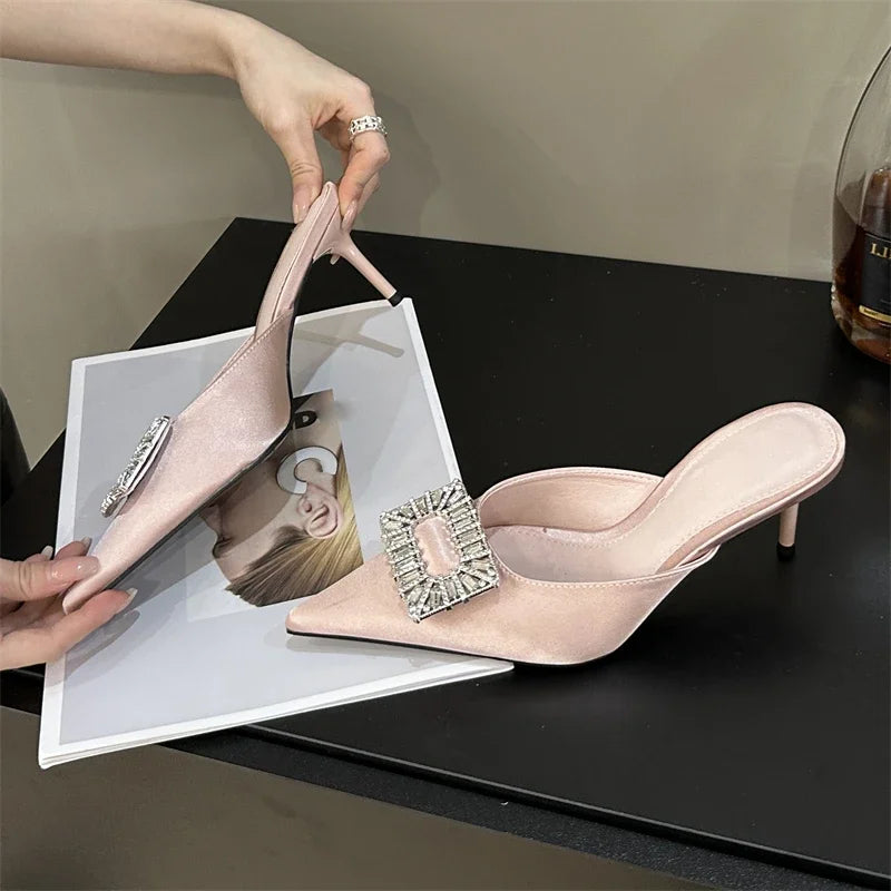 LBSFY -Spring Pointed Toe Crystal Buckle Mules Slippers Women Fashion Thin Heels Casual Party Shoes Zapatos De Mujer