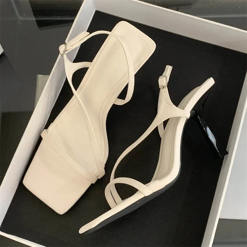 LBSFY -New Summer Fashion Square Toe Buckle Strap Sandals Women Elegant Thin Low Heels Party Stripper Shoes Pumps