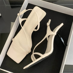LBSFY -New Summer Fashion Square Toe Buckle Strap Sandals Women Elegant Thin Low Heels Party Stripper Shoes Pumps