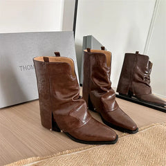 LBSFY  -  New Autumn Winter Split Leather Women Boots Fashion Square Toe Western Boots for Women Mid-calf Boots Chunky Heel Botines Mujer