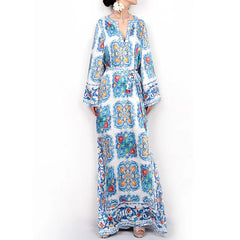 LBSFY  -  Women Fashion Pattern Printed  Bohemian Dress Casual Long Sleeve Loose Long Dress Elegant V-neck Split Lace-up Waist Beach Dress