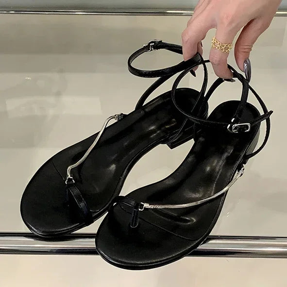 LBSFY -Summer Fashion Clip Toe Sandals Women Buckle Strap Thin Low Heels Chain Narrow Band Silver Party Dress Shoes