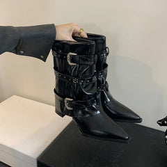 LBSFY -Biker Boots for Women Buckle Knee High Boots Pointed Toe Punk Motorcycle Goth Fashion Boots Winter Shoes Street Boot