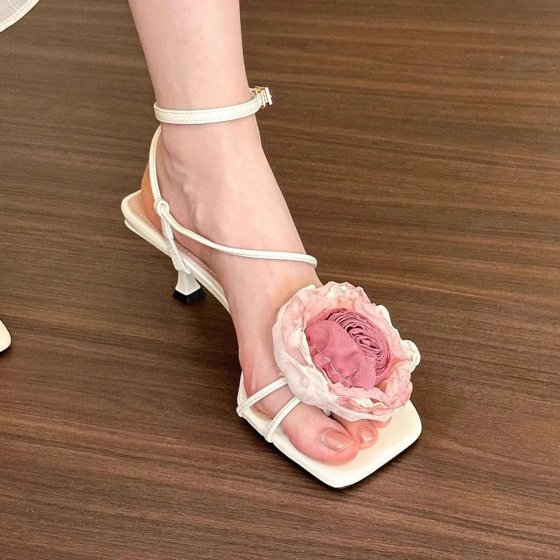 LBSFY  -  2024 Colorful 3D Flower Short Heel Sandals Square Headed Open Toe Party Fashion French Sandals Detachable Rose Woman Shoes 35-39