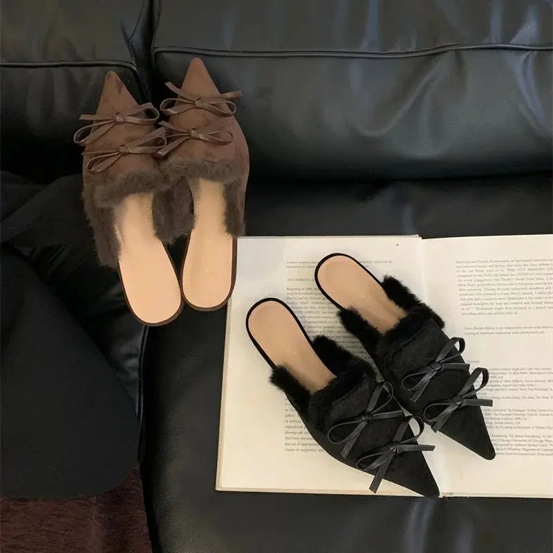 LBSFY  -   Women Flats Mules Shoes Fur Pointed Toe Fashion Slippers Winter New  Trend Designer Slingback Elegant Mujer Zapatillas