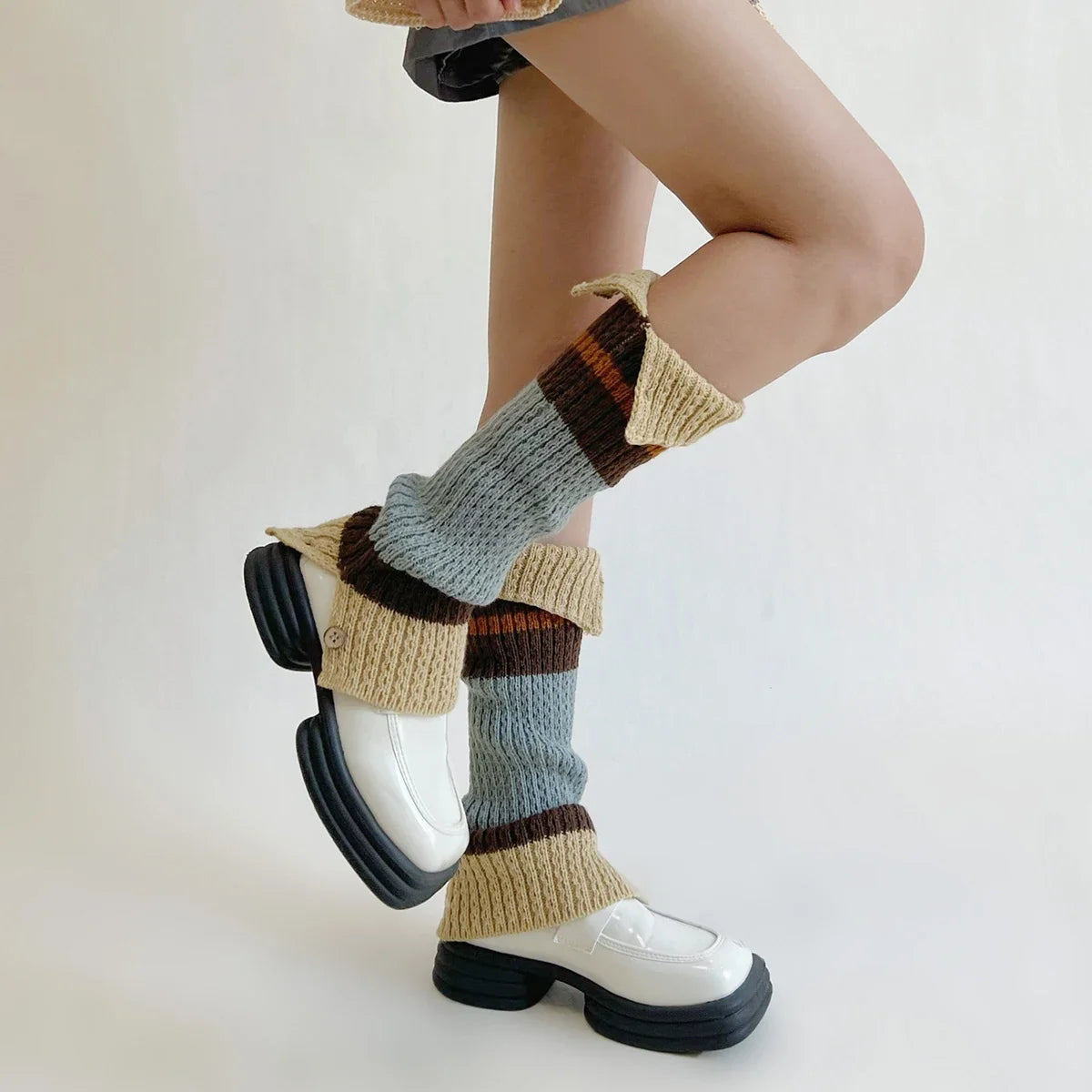 Lbsfy New Retro Leg Warmers Winter Button Opening American Y2K Harajuku Hot Girl Japanese Contrast Color Pile Knitted Wool Long Socks