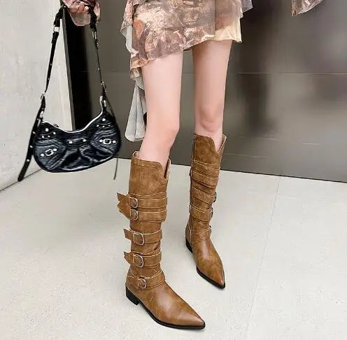 LBSFY  -  Retro Girls Brown Black Matte Leather Belt Buckles Pointed Toe Zipper Side 3 CM Low Heels Knee High Boots Women Knight Boots