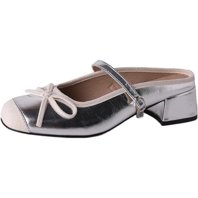 LBSFY  Spring Slip On Women Mules Mary Jane Shoes Fashion Square Toe Butterfly-knot Slides Casual Street Style Low Heel Shoes