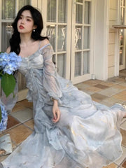 LBSFY -Autumn French Fashion Print Fairy Long Dresses Women Elegant Ruffles A-Line Party Birthday Vestido Female One Piece Clothes New