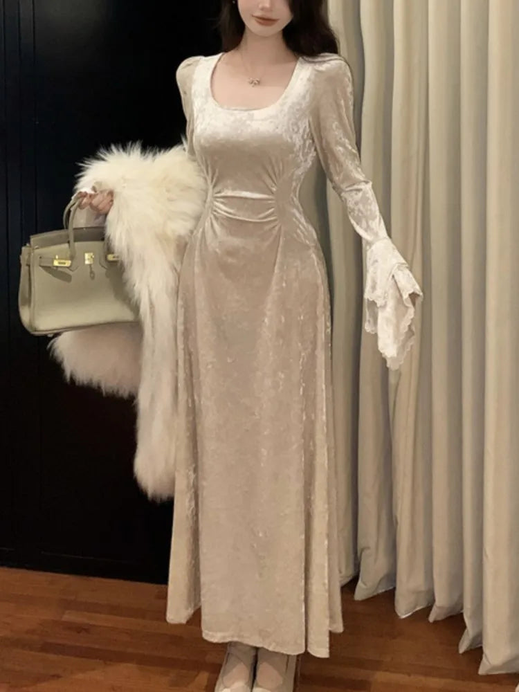 LBSFY -French Flare Sleeve Velvet Evening Dresses for Women Elegant Slim Waist Party Prom A-Line Vestidos Fashion Female Long Robe New