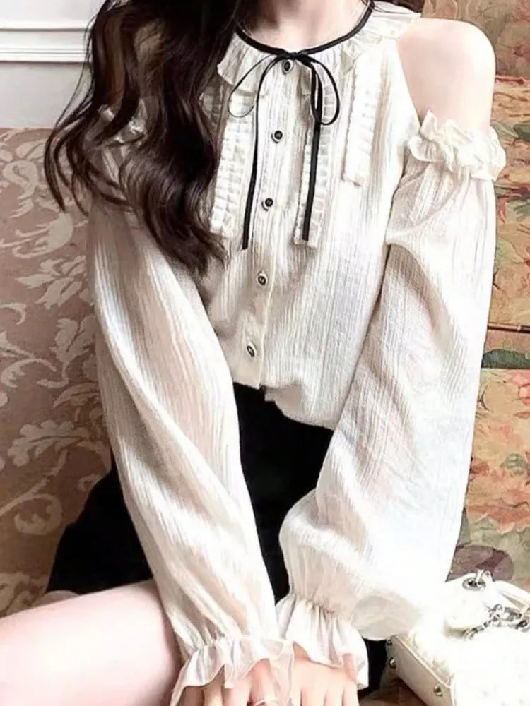 LBSFY -Women Fashion Elegant Casual Blusas Mujer Long Sleeve Webbing Tops O-neck Ruffles Bandage Lace Up Summer Sweet Chic 2025 Clothes