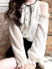 LBSFY -Women Fashion Elegant Casual Blusas Mujer Long Sleeve Webbing Tops O-neck Ruffles Bandage Lace Up Summer Sweet Chic 2025 Clothes