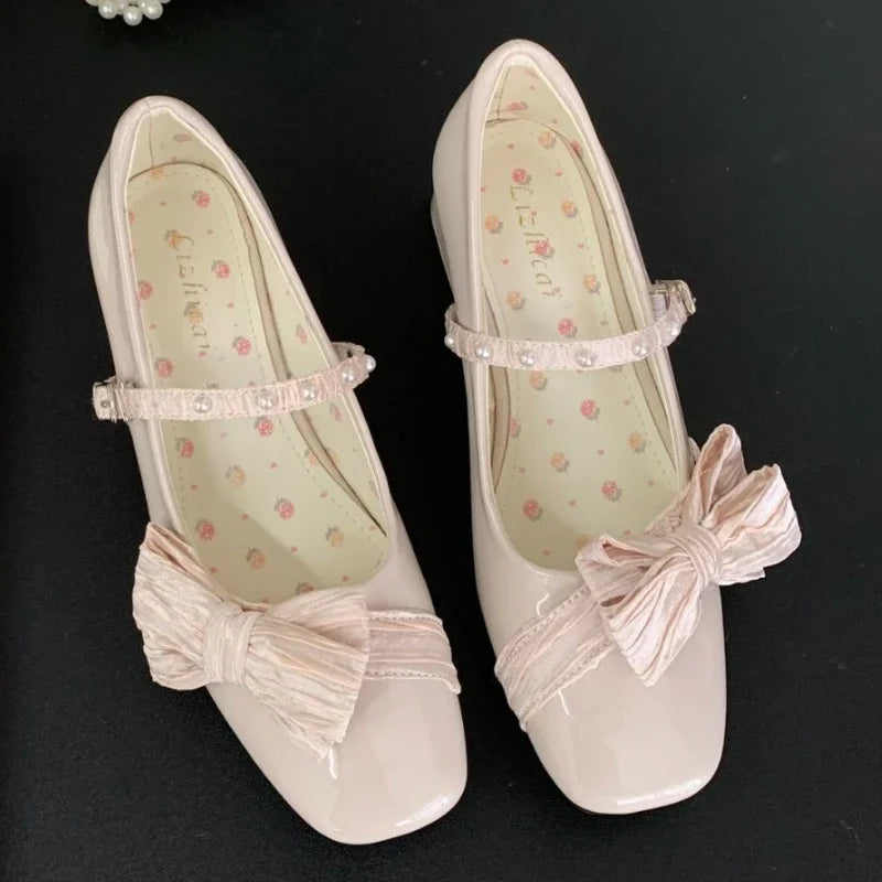 Lbsfy Butterfly-knot Sweet Mary Jane Shoes Women Elegant Chunky Dress Shoes Shallow Designer Pumps Buckle Square Toe High Heels Ladies
