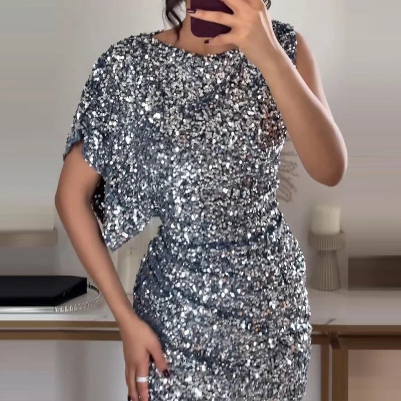 LBSFY  -  Women 2025 One Shoulder Short Sleeve Club Dress Elegant O-Neck Sequin French Style Glitter Dress Spring Temperament Party Dress