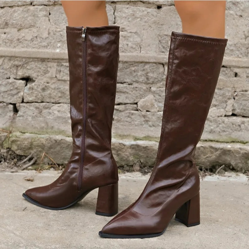 LBSFY -Fashion Solid Pu Knee High Modern Boots Women Winter Pointed Toe Side Zip Riding Boots Sexy High Heel Shoes Plus Size 42