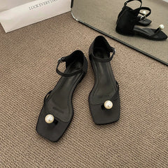 LBSFY  -  Minimalist design with pearl ribbon square toe sandals, versatile one word buckle style women's shoes