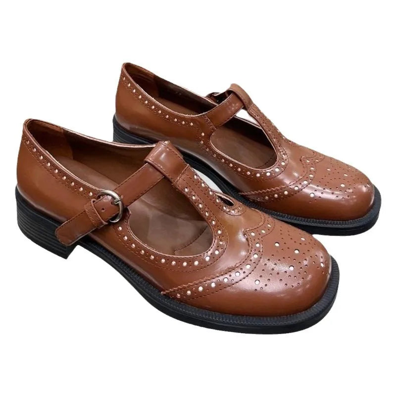 LBSFY  -  Thick Soled French Mary Jane Shoes for Women with T-Shaped Buckle Strap Thick Custom Shoes Carved Internet Red Leather Shoes