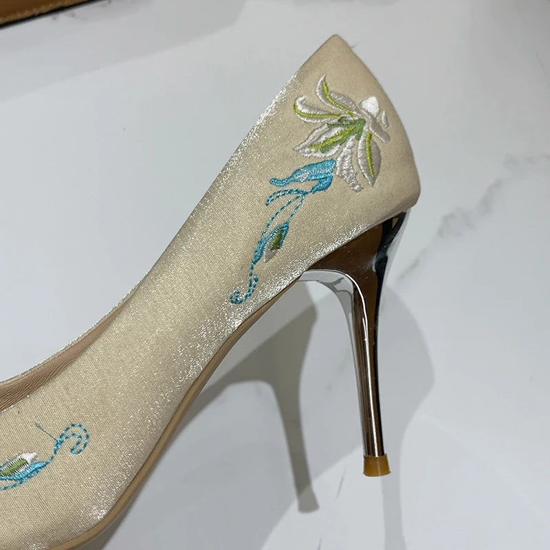 LBSFY  -  Slip-On Embroidery Thin Heel Pumps Women 2025 New Fashion Floral High Heels Shoes Woman Pointed Toe Embroider Party Shoes Ladies