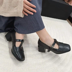 LBSFY  -   Pumps Women Shoes Block Heel Mary Janes PU Leather Buckle Black Brown Ballet Shoes High Heel