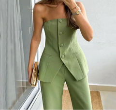 LBSFY  -  Fashion Cocktail Beautiful Outfit Women Solid Set 2024 One Shoulder Button Blouse Tops&Straight Trouser Two Piece Office Suit