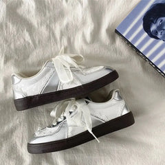 LBSFY -Lace Silver German Training Shoes Women's Retro Casual Sports Board Shoes Versatile Flat Lace Edge Breathable Board Shoes