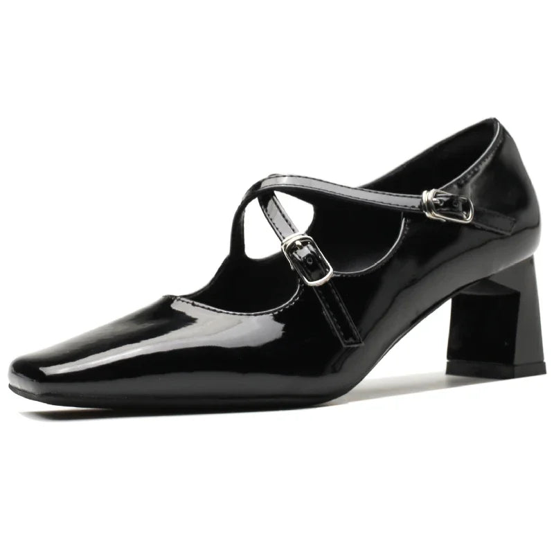 LBSFY  -  Square Toe Heeled Mary Jane Shoes Patent Leather Shallow Retro Chunky Women Shoes Cross Thin Strip Fashion Elegant Pumps Women