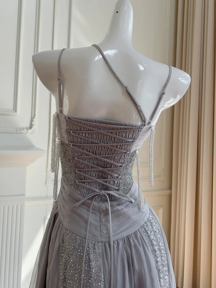 LBSFY -Charming Women's Gray Tulle Midi Dress With Lace Appliques Neckline Sleeveless Party Formal Gown Elegant