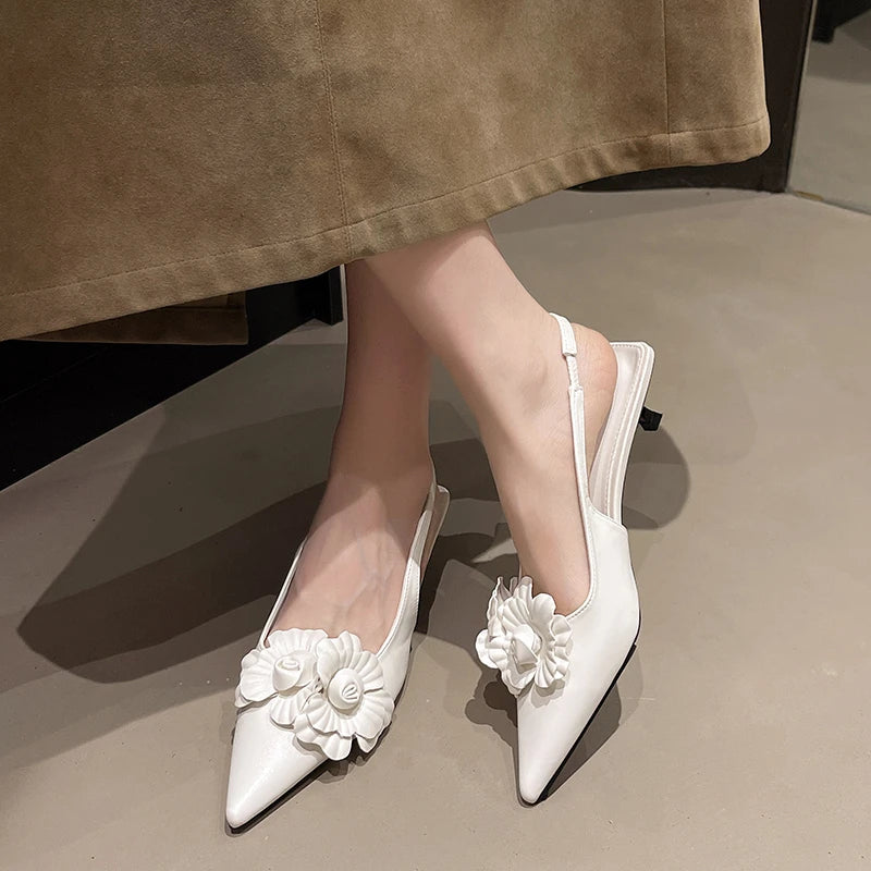 LBSFY -New Style Luxury Women's Mule Shoes Summer Fashion High Heel Flower Sexy Pointed Ladies Casual Outdoor Shoes Sweet White Sandals