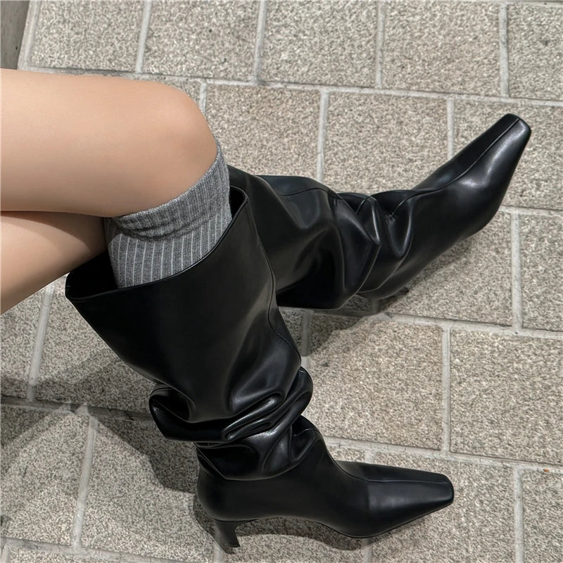 LBSFY  -  2025 New Genuine Leather Boots Women Square Toe High Heels Pleated Knee High Boots Fashion Modern Boots Street Shoes