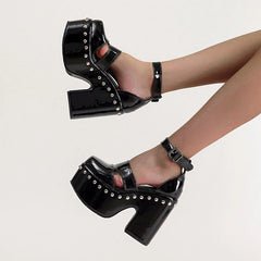 LBSFY -New Thick Sole Punk Sandals Women Wrap Toe Hollow Patent Leather Roman Sandalias Rivets Platform Casual Chunky Heel Buckle Shoes