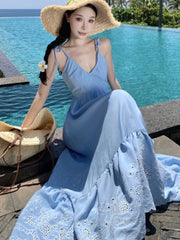LBSFY -Sky Blue Summer Elegant Fashion Bohemain Style Dresses For Woman V-Neck Lace-Up Backless Sleeveless Sling Dress Beach Vacation