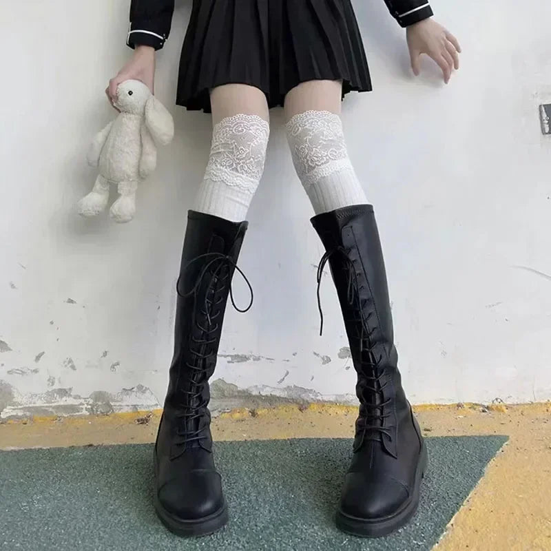 Lbsfy Socks Women Autumn/Winter Thigh High Lace Cute Lolita Warm Stockings Black White Long Leg Socks for Girl Boot Accessories
