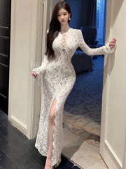 LBSFY -Autumn Sexy Long Sleeves Party Dress for Women Elegant Hollow Out Lace Bandage Bodycon Prom Vestidos Female Split Robe Outfits