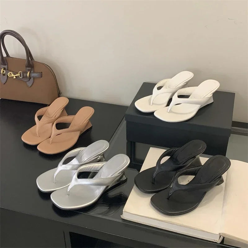 LBSFY -Fashion Square Clip Toe Platform Wedges Women Slippers 2025 Summer High Heels Flip Flops Ladies Shoes