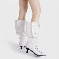 LBSFY  -  Star style Fashion Pointed toe Belt Buckle Metal Rivet Women Knee High Boots Autumn Winter Patent Leather High Heels Boots Shoes