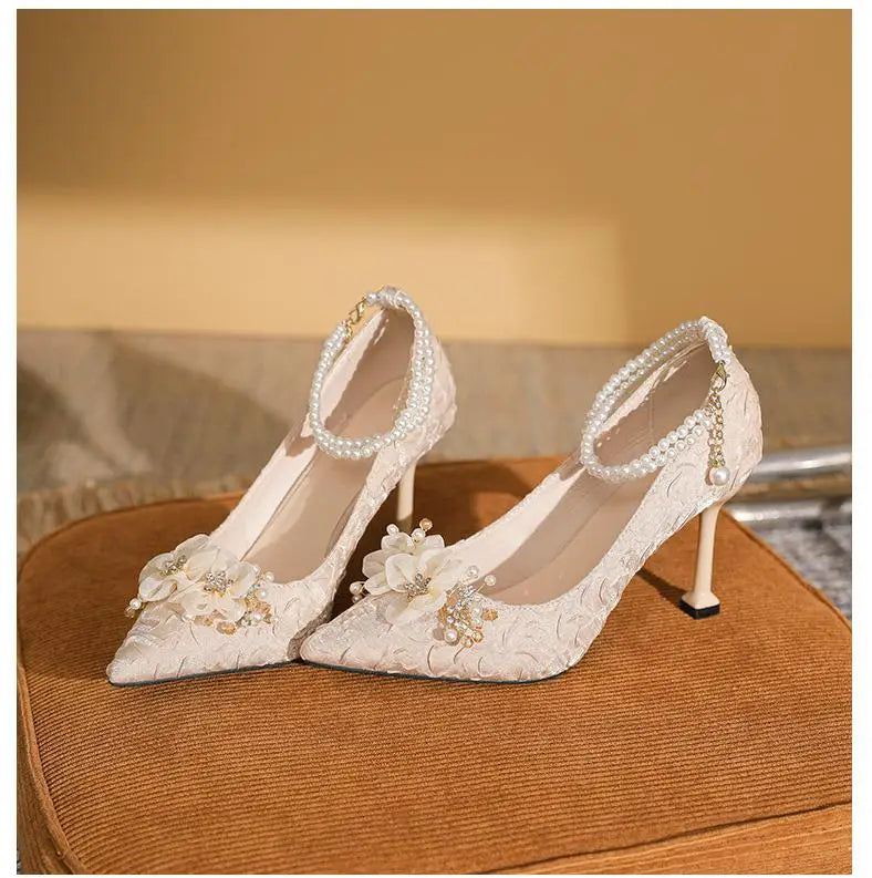 LBSFY  -  Pointed Stiletto Large Size 30-44 Women Shoes With Pearls Buckle Wedding Shoes