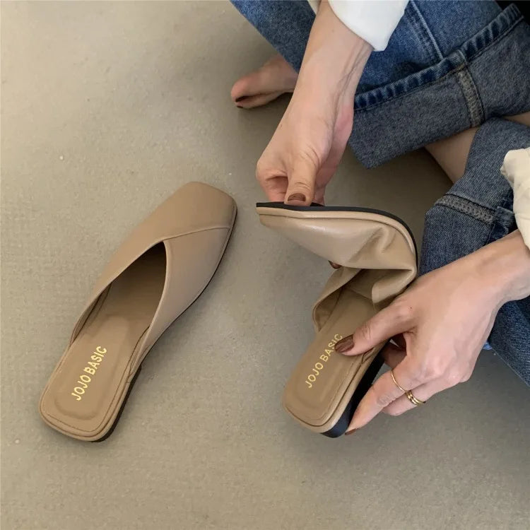 LBSFY -Flat Half Drag Slippers Square Toe Sandals 2025 Spring/Summer Outside Wear Casual Soft Bottom Mules Low Heel Sapatos Femininos