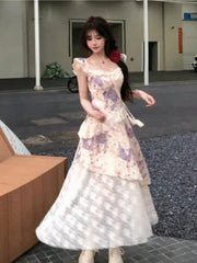 LBSFY -Chic Elegant Print Patchwork Women's Dresses Summer Ruffles Mesh Square-Collar Lace Up Flying Sleeves Dress Holiday Casual New