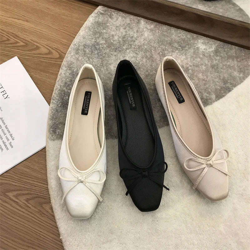 LBSFY -Luxury Lace Tie Leg Satin Silk Ballet Flats Woman Square Toe Bowknot Elastic Band Ballerinas Ladies Wedding Mary Janes Shoes