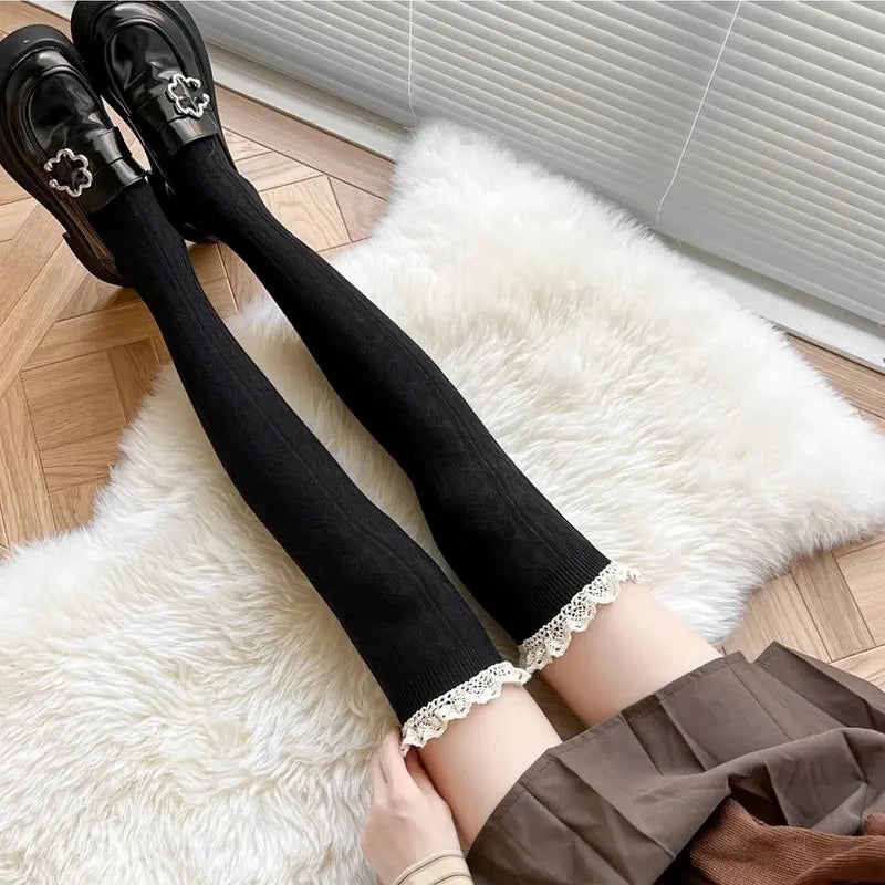 Lbsfy Japanese JK Lace Socks Lolita Lace Stockings Women Knitted Pattern Girls Cute Elegant Solid Color Winter Warmer Floor Hosiery