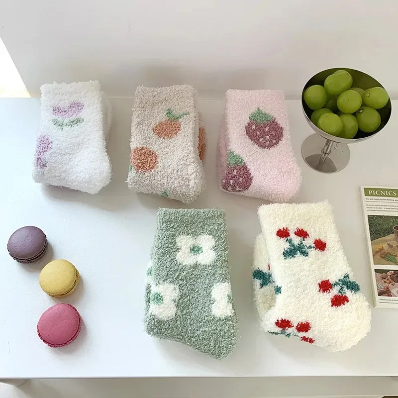 Lbsfy Women Socks Kawaii Cute Strawberry Cherry Flowers Winter Thicken Warm Soft Coral Fleece Thermal Homewear Floor Sleeping Socks