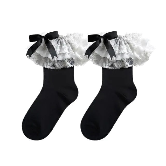 Lbsfy Women Socks Spring Summer Gothic Sweet Style JK Lolita Cute Kawaii Mullet Lace Soild Color Mid-tube Knee High Girls Like Socks