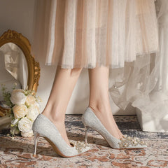 LBSFY  -  Size 32-43 Rhinestone Pearls High Heels Women's Stiletto Heel Pointed Toe Silver Wedding Shoes