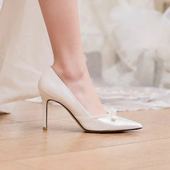 LBSFY  -  2024 Fashion Dress shoes Wedding Shoes Female White Satin Bow Pearl Fairy Wind Bridesmaid Shoes Bridal Pumps