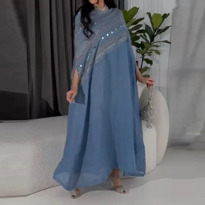 LBSFY  -  Summer Cotton And Linen Bat Sleeved Loose Fitting Long Skirt Blue Casual Max Ethnic Dress Round Neck Patchwork Diamond Dresses