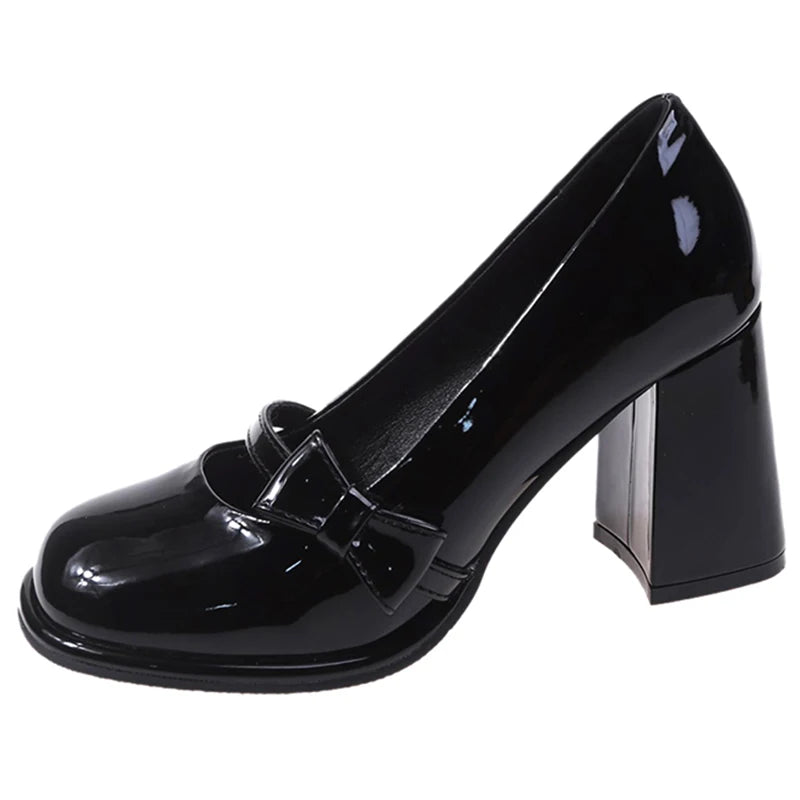 LBSFY  -    High Heels Mary Janes Women Cute Round Toe Patent Leather Pumps Woman Slip-On Square Heeled Bow Party Shoes Ladies