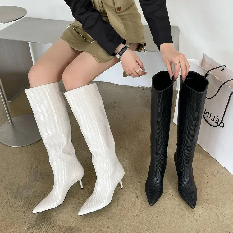 LBSFY -Sexy Gingham Pointed Toe Women Knee-High Boots High Quality Party Dress Modern Long Booties Thin Low Heels Shoes